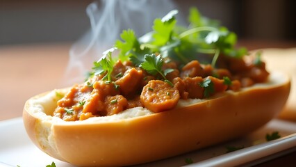 A vibrant display of South African bunny chow, hollowed bread filled with spicy curry