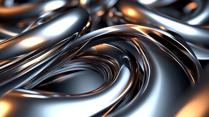 Abstract metallic swirls, chrome texture, reflective surface, glossy, shiny, liquid metal, elegant design, 3D rendering.