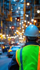 Obraz premium Construction Engineer in Safety Gear Overseeing Busy City Construction Site at Twilight