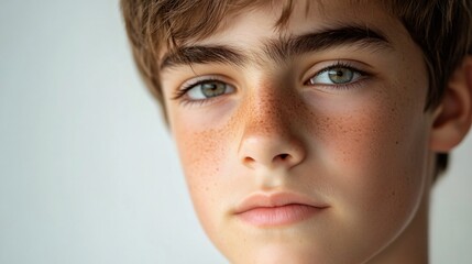 Boy with a green eye and a red nose. He is looking at the camera