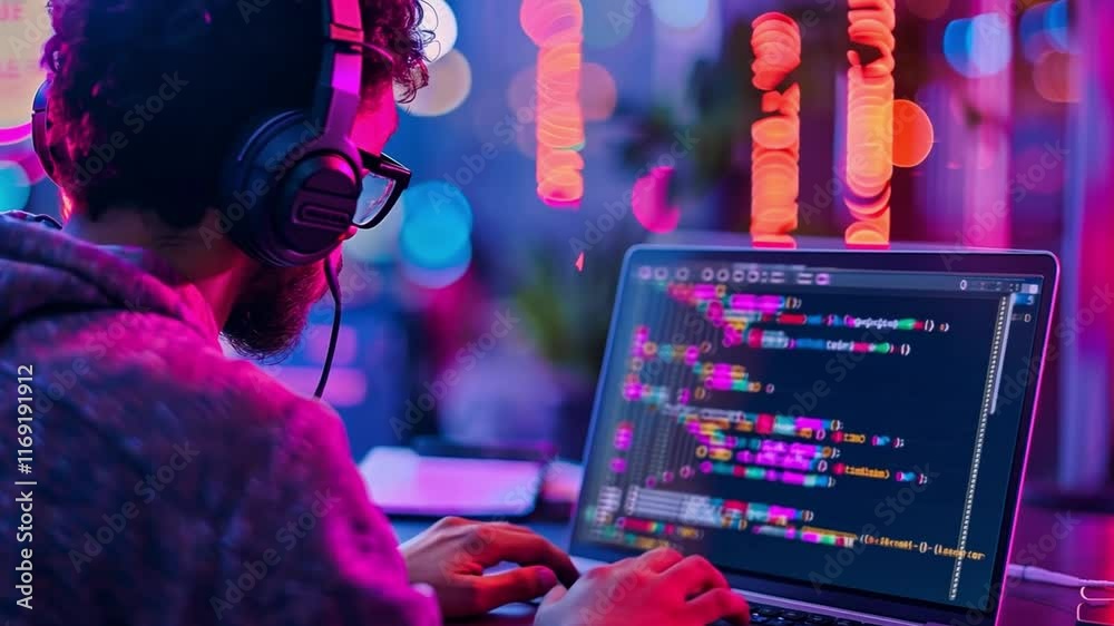 Aufkleber A person is focused on coding at their laptop, surrounded by colorful lights and a lively atmosphere. The setting suggests a blend of creativity and technology during evening hours.