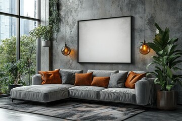 Modern living room with gray sectional sofa, large artwork, and plants.