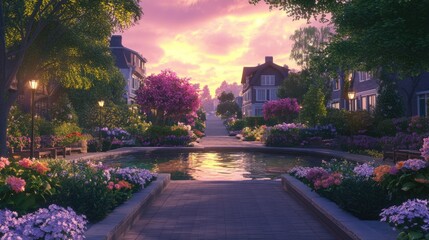 Obraz premium An empty street in a peaceful garden, surrounded by water features and vibrant flower beds, glowing under the pastel skies of dawn.