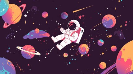 Astronaut Floating Amidst Vibrant Planets and Stars in Outer Space..