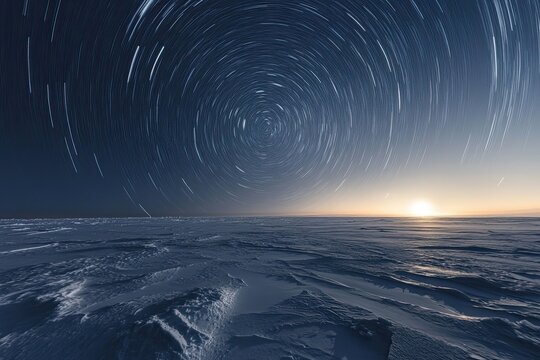 Star trails over a frozen arctic landscape at sunset