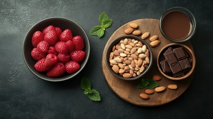 Fototapeta premium Assorted healthy snacks on a wooden platter.