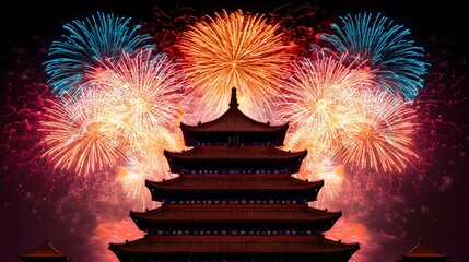 A vibrant display of fireworks illuminates a traditional pagoda against a night sky, celebrating a festive occasion with colorful bursts.