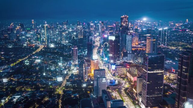 Jakarta's nighttime skyline features augmented reality graphics, visionary smart city concept with vibrant lights and cutting edge technology enhancing the urban scene