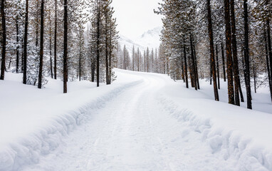 Obraz premium A serene winter landscape featuring a snow-covered path winding through tall, slender trees, creating a peaceful, inviting atmosphere.