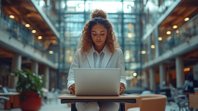 A professional mixed-race woman standing on a sturdy chair in a large open-plan office, focused on her laptop