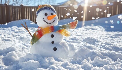 Obraz premium A cheerful snowman wearing a colorful scarf stands in fresh snow, surrounded by a sparkling winter landscape under a bright sun.