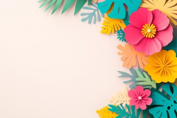 Naklejka premium Summer Vibes: Tropical Paper Flowers and Leaves border 