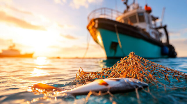 Fishing Boat at Sunset: A solitary fish caught in a net, the golden rays of the setting sun casting a warm glow on the scene.