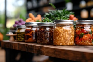 A beautiful display of colorful preserved jars on a rustic wooden table, showcasing various pickled vegetables and fruits with a lush green backdrop.