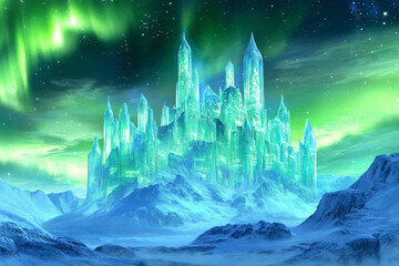 A splendid visualization of a floating ice castle against vibrant northern lights, ideal for creative campaigns.