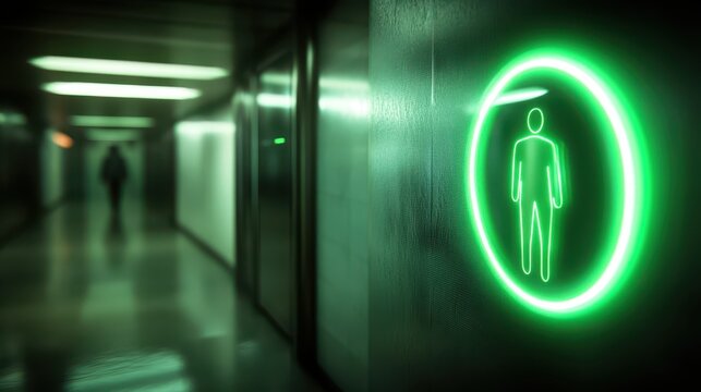 Glowing green neon sign in a dark hallway, captivating play of light and shadow
