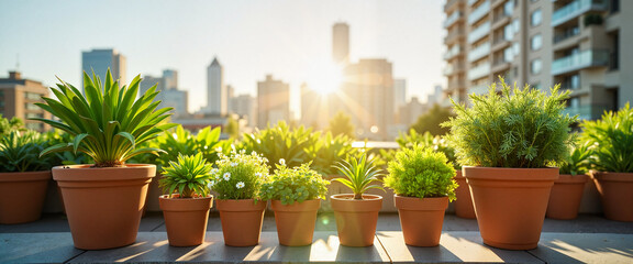 Fototapeta premium Lush green plants in terracotta pots on urban rooftop, city skyline beauty