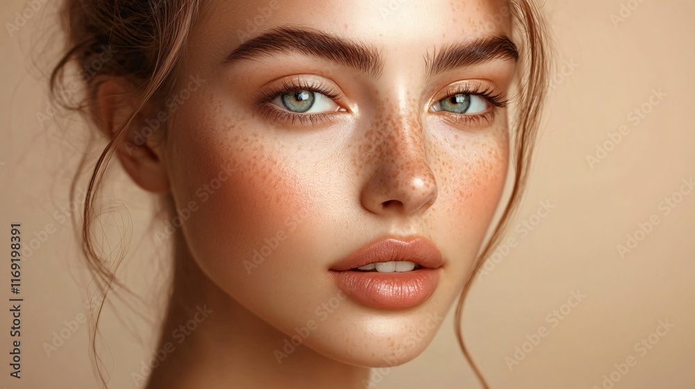 Canvas Prints Woman with green eyes and a light brown face. She has a light pink lip color. The woman is smiling