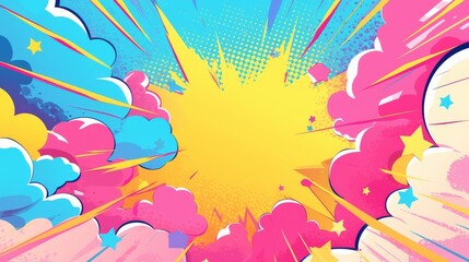 Colorful Comic Book Clouds Exploding with Stars in a Dynamic Background..