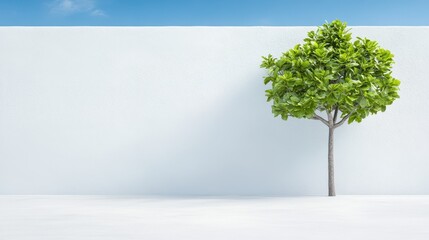 Obraz premium Serene minimalism, a small tree against white wall, embracing tranquility and nature's touch