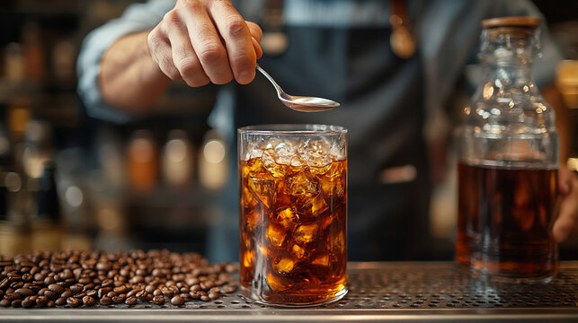 Bartender Skillfully Stirs a Refreshing Irish Drink on a Bustling Evening at a Cozy Bar