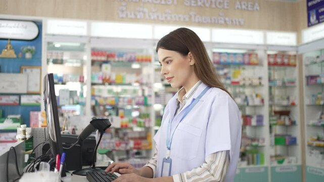 Pharmacist works at pharma store. Health care and occupation.