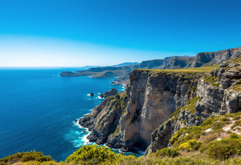 Rugged coastal mountains with rocky cliffs overlooking a vast blue ocean, with small islands visible in the distance under a clear blue sky