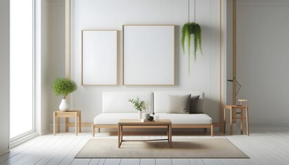 minimalist living room bathed in natural light from a large window.Frame mockup, Living room wall poster mockup. Interior mockup with house background. Modern interior design. 