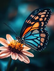 A high-resolution close-up of a colorful butterfly resting on a blooming flower. The butterfly’s...