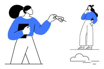 Woman with ponytail holding tablet, reaching for light bulb second woman pondering. Ideal for brainstorming, creativity, innovation, decision-making, contemplation, idea generation, teamwork