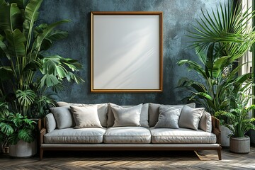 Modern living room with plants and a large framed picture.