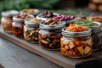 An array of colorful jars filled with gourmet preserves, highlighting culinary art and the delightful variety of flavors available for food enthusiasts and home cooks.