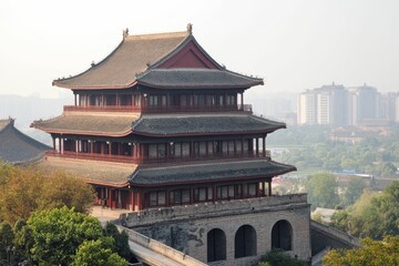 Fototapeta premium Ancient multi-tiered building, city walls, hazy cityscape.