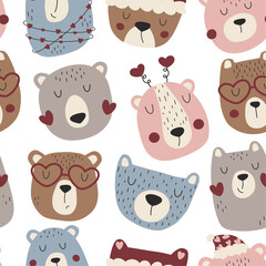 Fototapeta premium Happy valentines day seamless pattern with cute bears. Vector repeating design for wrapping paper, cards, textile and fabric.