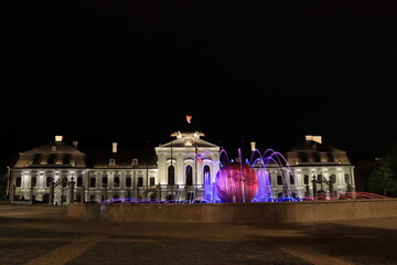 Grasalkovič Palace or Presidential Palace in Bratislava, a Rococo building on Hodžov náměstí in Bratislava, illuminated at night