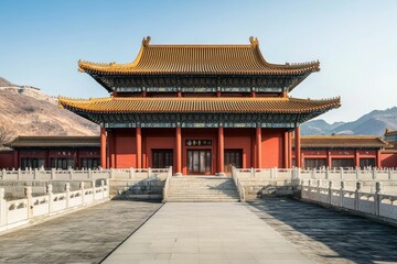 Fototapeta premium Ancient red building, tiered roof, stone pathway.