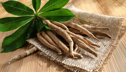 Dried roots and green leaves of a plant on burlap.