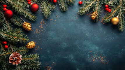 Beautiful Christmas Background with green fir tree brunch close up. Copy space, trendy moody dark toned design for seasonal quotes. Vintage December wallpaper. Natural winter holiday forest backdrop
