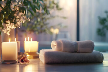 Relaxing ambiance with candles and towels in a serene indoor setting for wellness