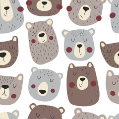 Seamless pattern with cute bear faces. Repetitive design for fabric, notepads, baby clothes and wrapping paper. 