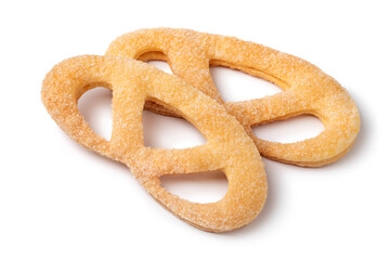 Pair of traditional Dutch cookies, Krakelingen, close up isolated on white background