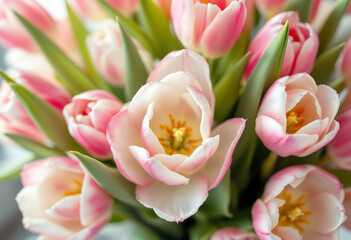 Fototapeta premium A close-up shot of a wedding bouquet filled with pink and white tulips