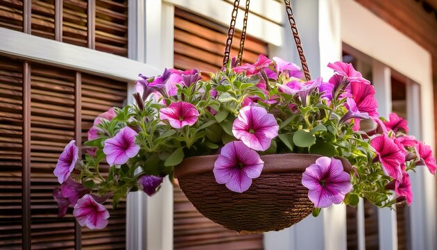 Vibrant pink petunias in a hanging basket add a pop of color to this outdoor scene.