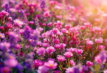 A close-up view of a vibrant field of pink and purple flowers, creating a lush, colorful background