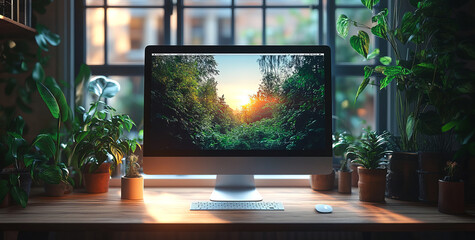 A computer monitor is on a desk with a view of a forest. The computer is turned on and the screen is lit up.