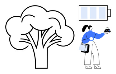 Woman holding bags and a small purse, displaying shopping activity. Large tree outline symbolizes nature. Battery icon signifies energy or sustainability. Ideal for eco-conscious living
