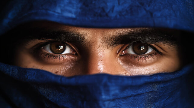 Arab man wearing a blue turban covering his face, revealing only his eyes