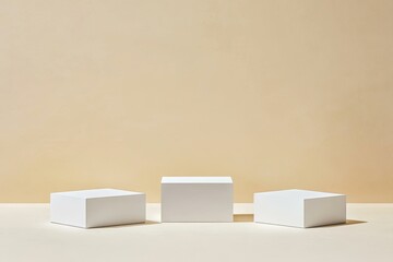 Three White Cubic Display Platforms Against Beige Background
