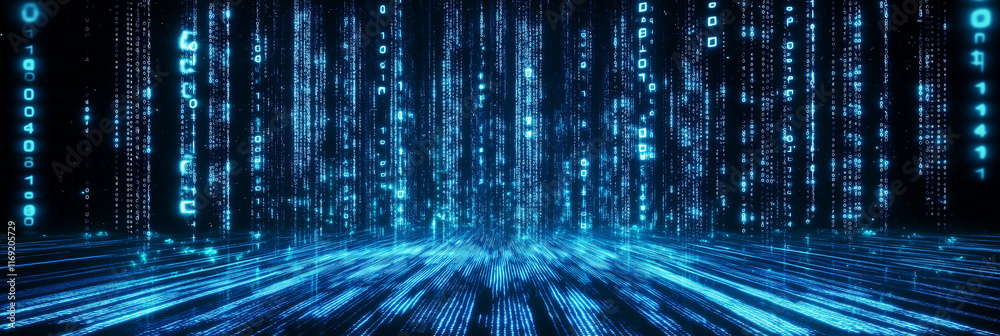 Poster Binary code raining over digital perspective floor creating futuristic data stream