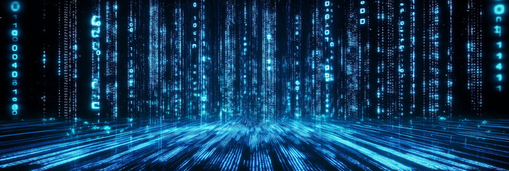 Binary code raining over digital perspective floor creating futuristic data stream